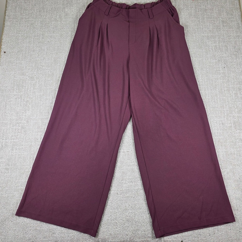 Halara Womens XL Waffle Knit Wide Leg Pleated Pants Burgundy Plum High Waist
